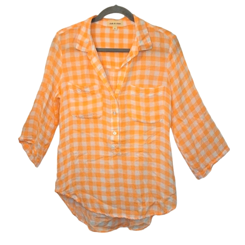Anthropologie Cloth & Stone Orange White Plaid Lightweight Shirt Size Small